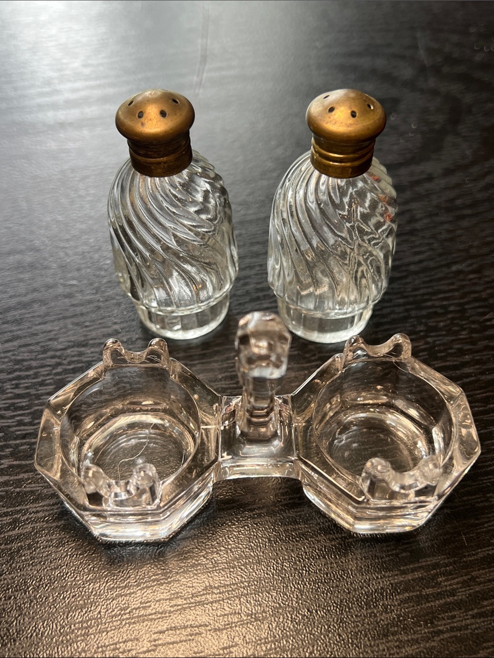 Vintage Clear Glass Salt and Pepper Shakers with Glass Tray Caddy - Picture 6 of 10